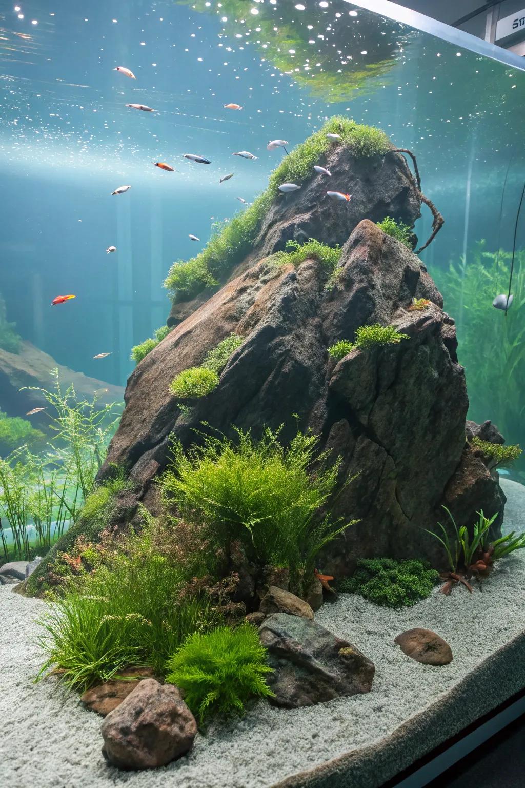 A stony isle vista elicits seclusion and tranquility within this aquascape.