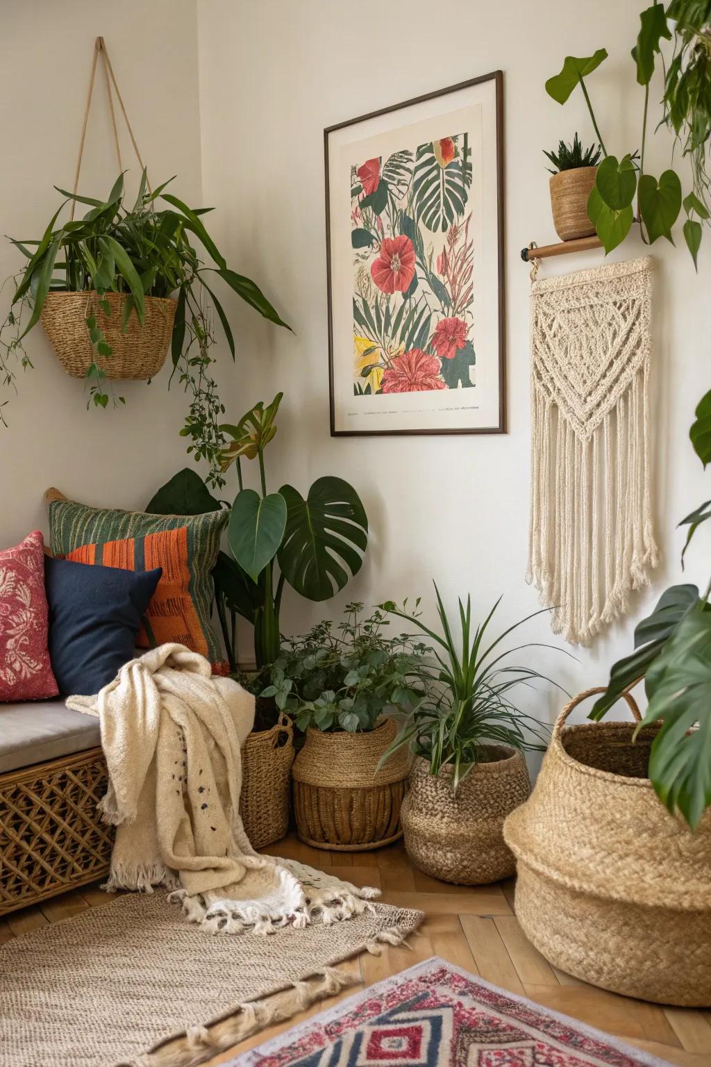 Art prints matched with natural components for an organic presentation.