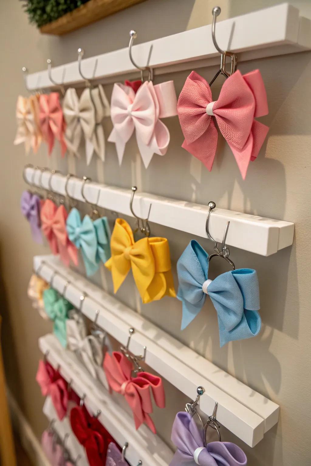 Chic floating shelves featuring hooks that are ideal for arranging baby bows.