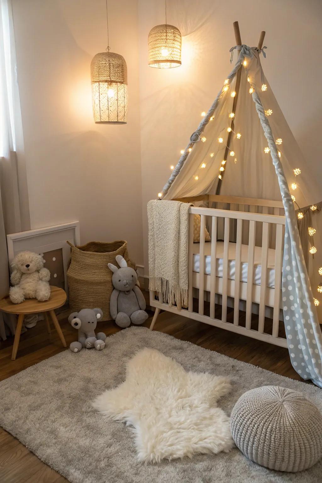The cozy and calming ambiance of a nursery area is enhanced by soft lighting.