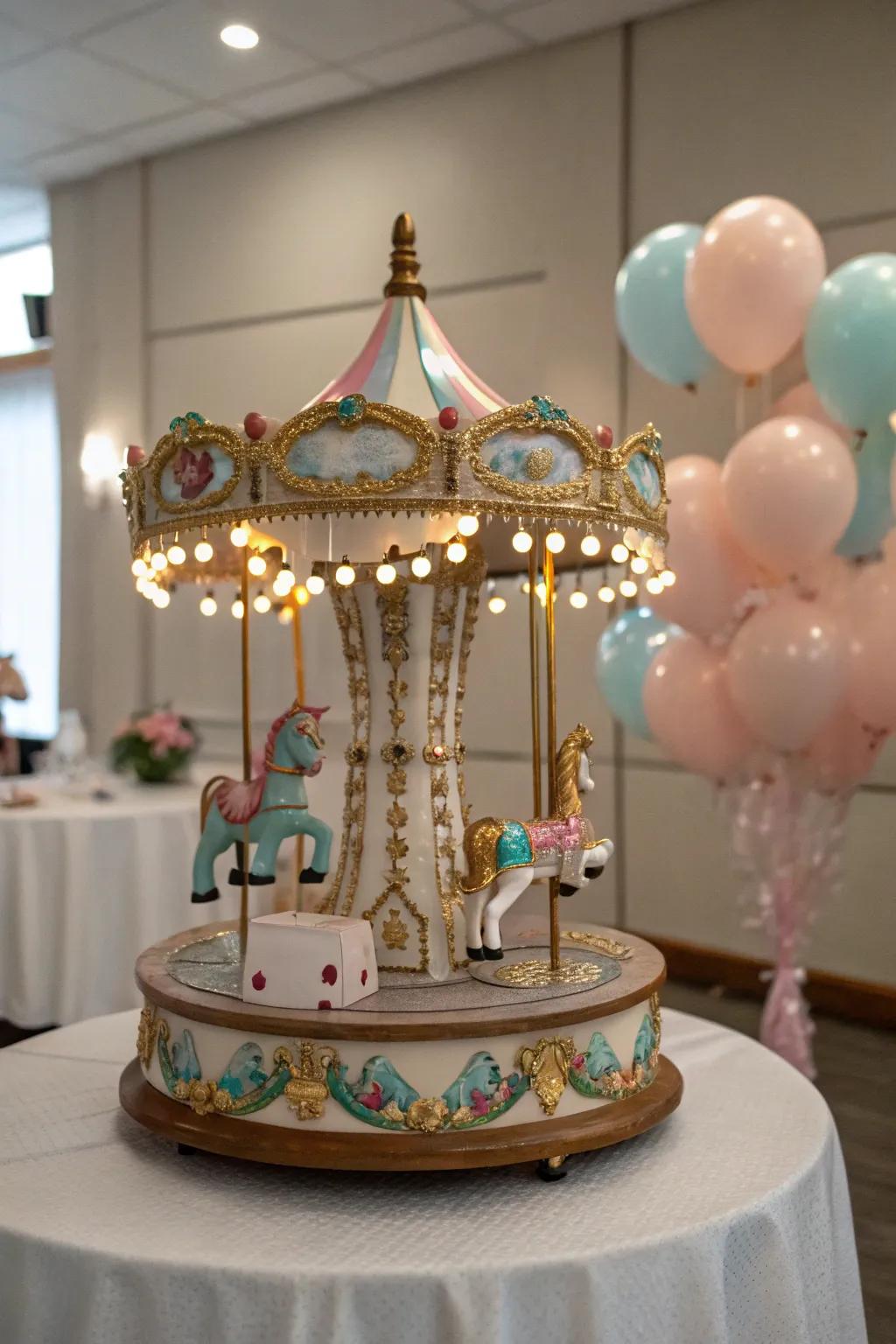 A miniature carousel adds nostalgia and playfulness.