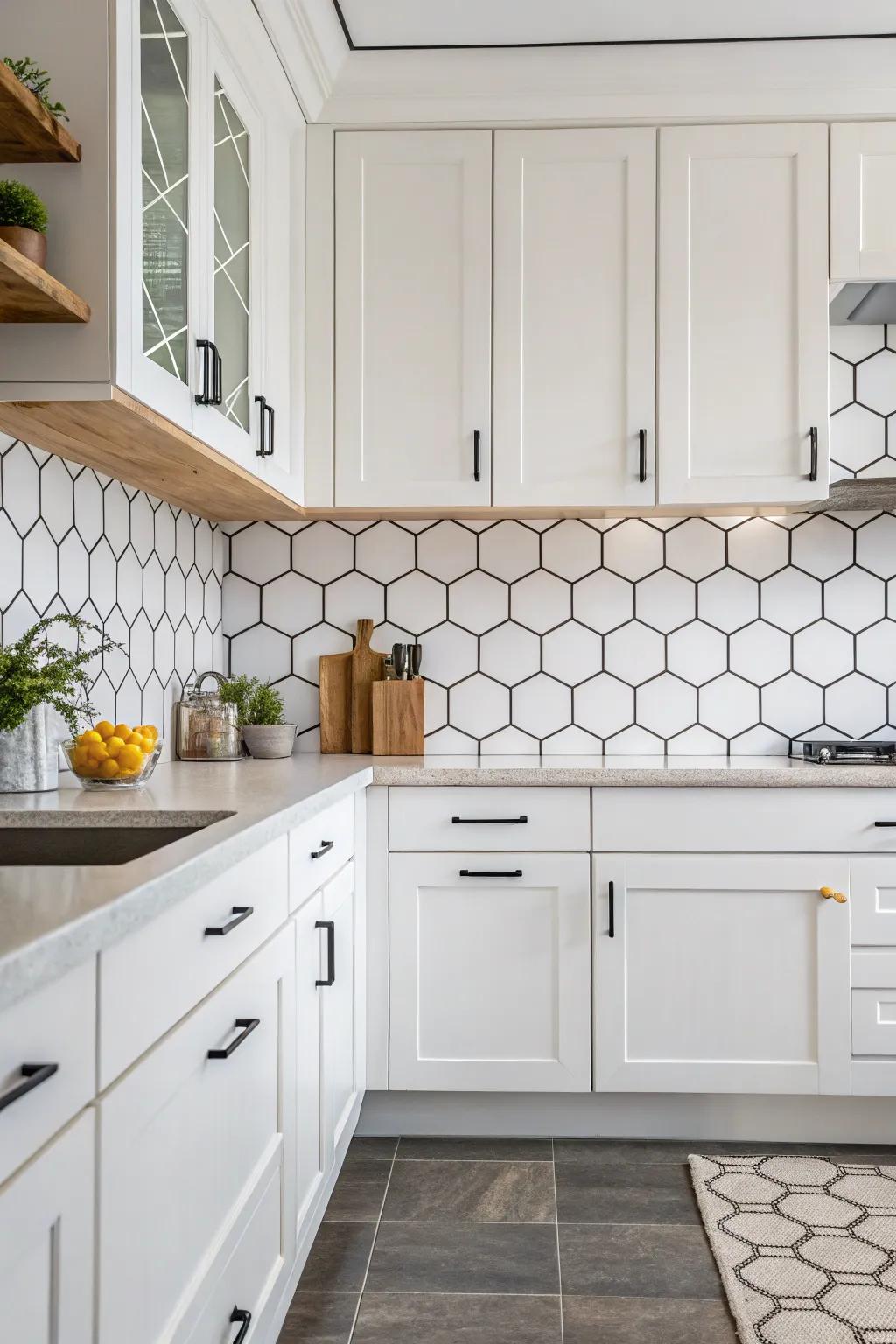 Hexagonal tiles add dimension and playfulness to this white kitchen.