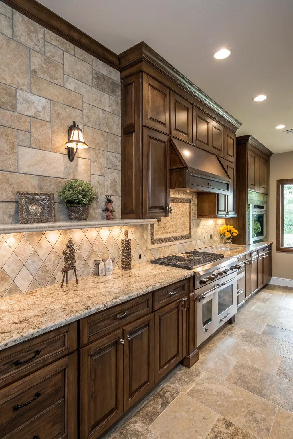 Natural stone tiles enhance the organic feel of fantasy brown granite.