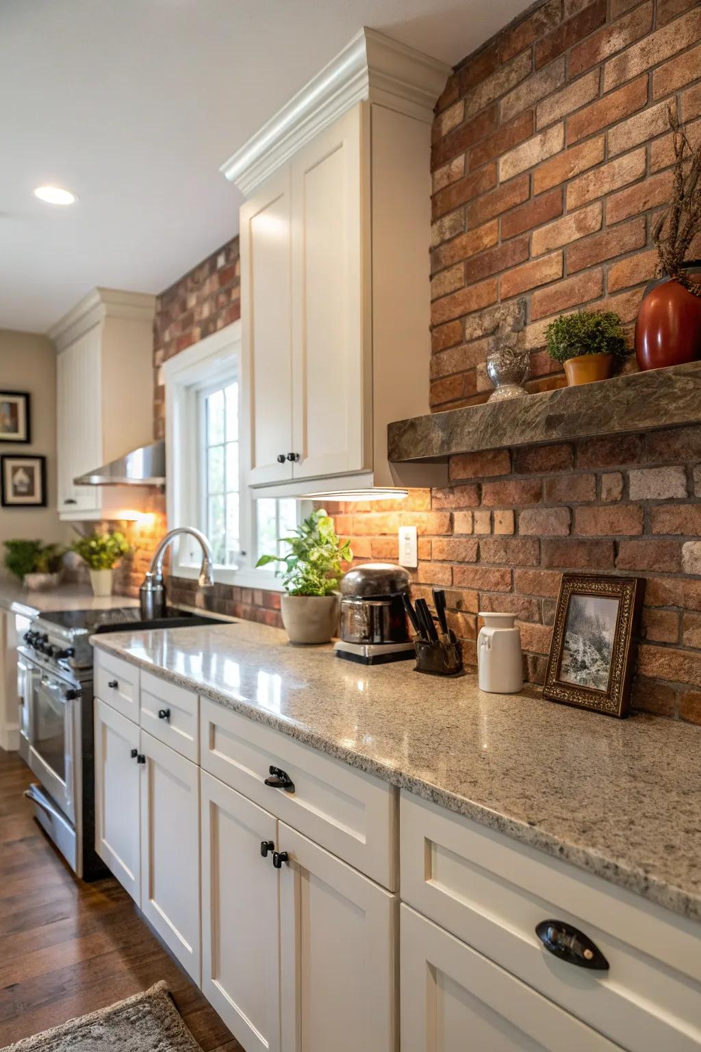 Granite countertops are given a rustic charm by the brick backsplash.