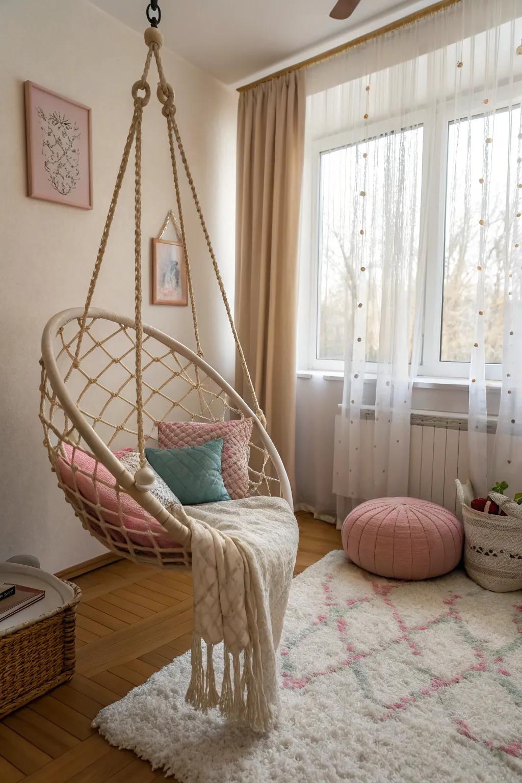 Suspended chairs append a playful, relaxing vibe.