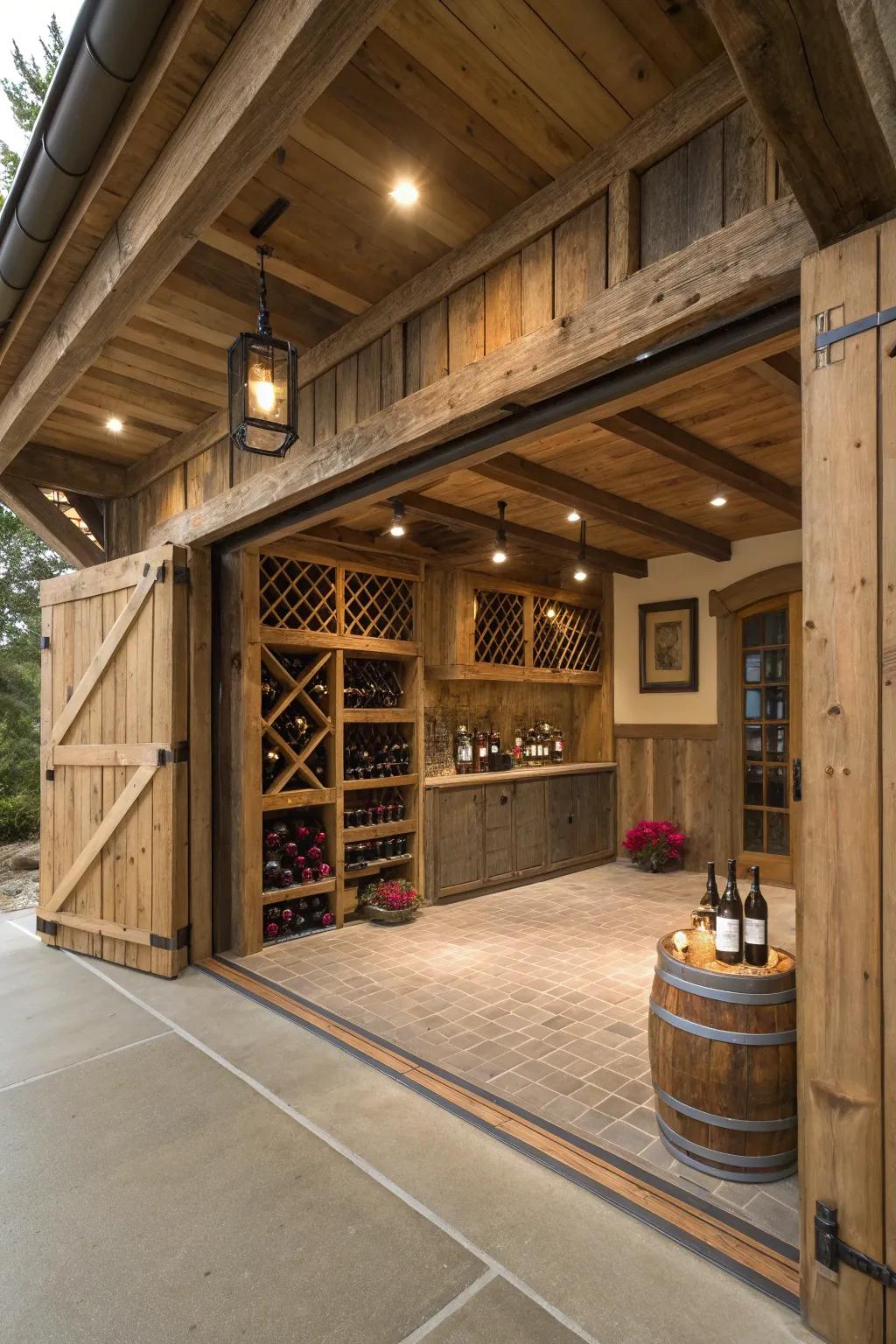 A wine cellar adds luxury to this barn garage.