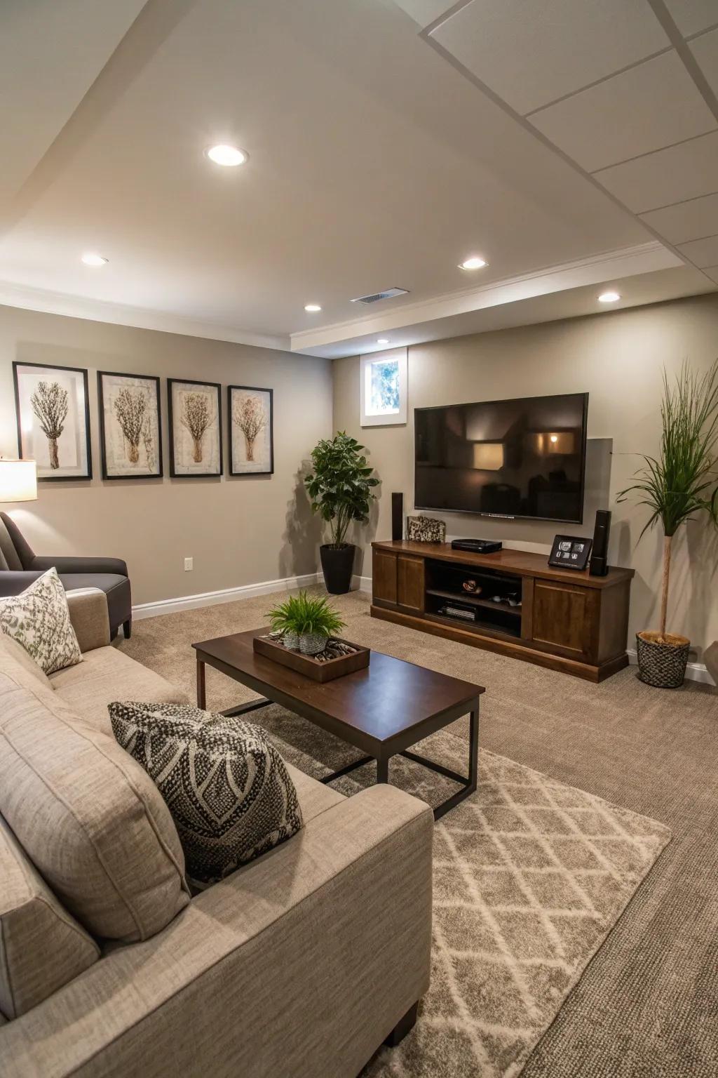 Premium flooring enhances the aesthetics and comfort of this basement.