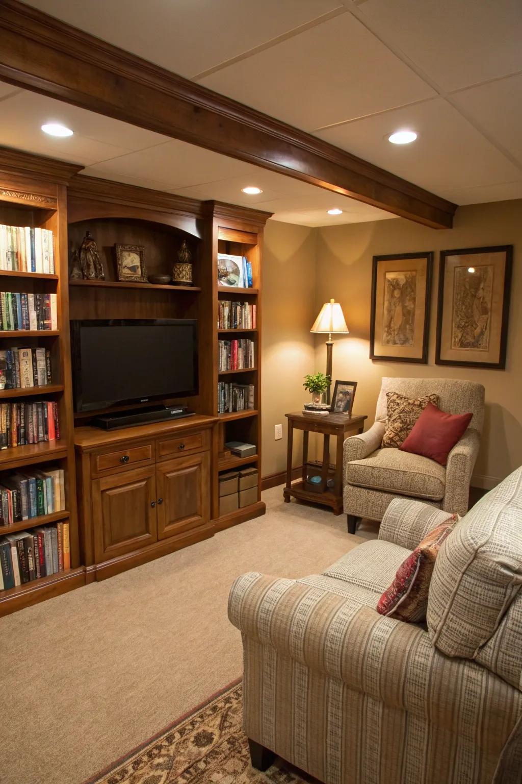 A basement TV room featuring a cozy reading nook with a comfortable chair and a bookshelf.