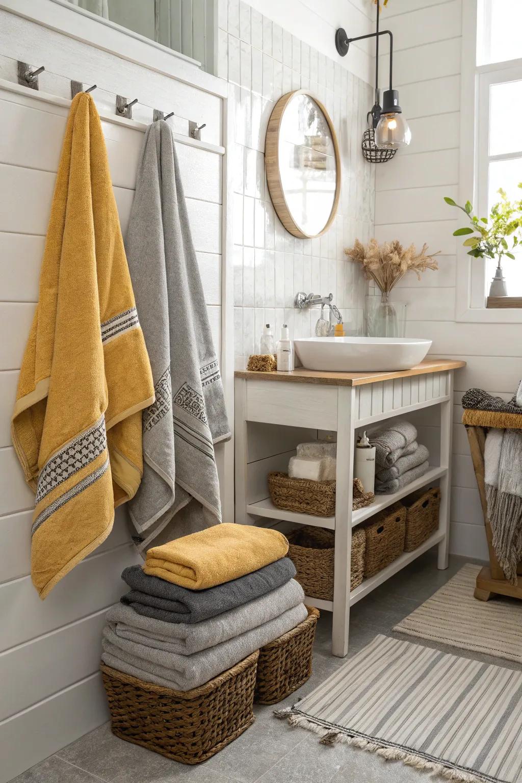 Amber and stone towels offer warmth and depth.