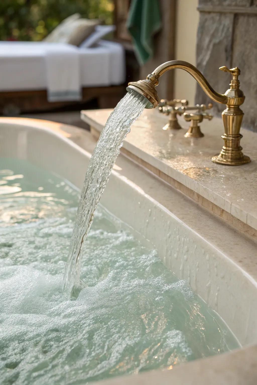 A waterfall faucet adds elegance to this soak.