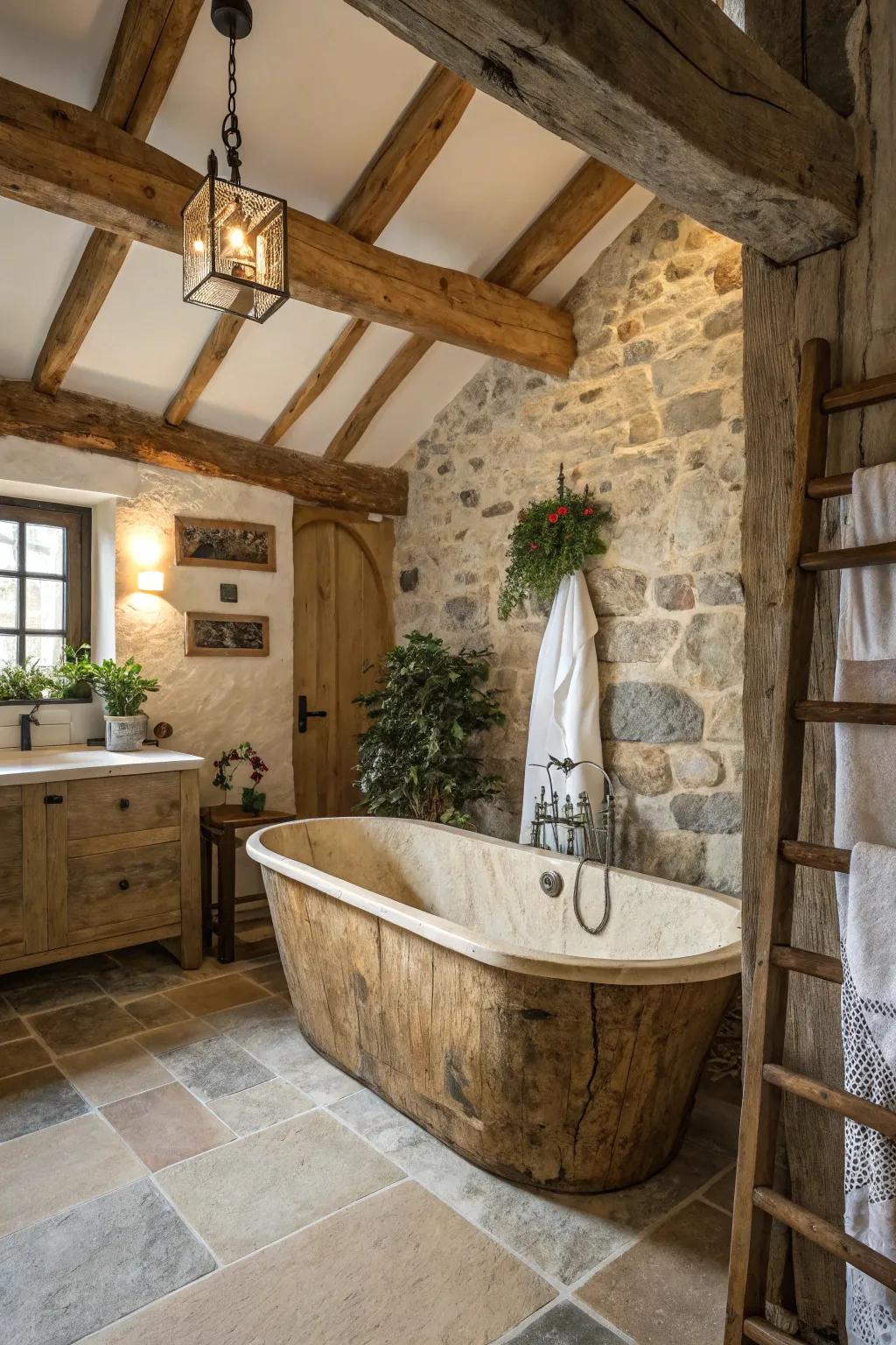 A countryside-style tub injects charm and warmth into this bath space.