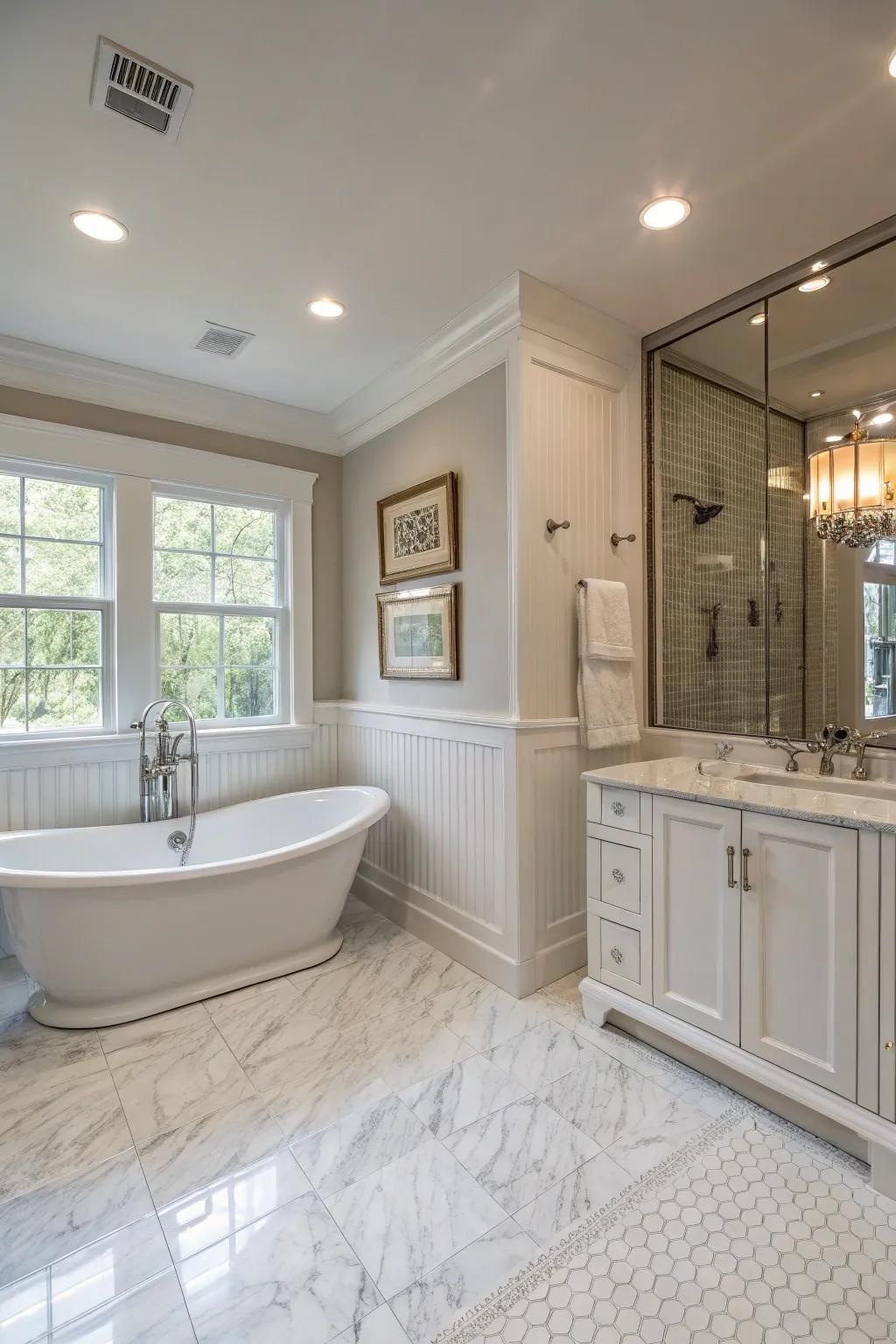 A luxurious master bath featuring elegant plank panel siding.