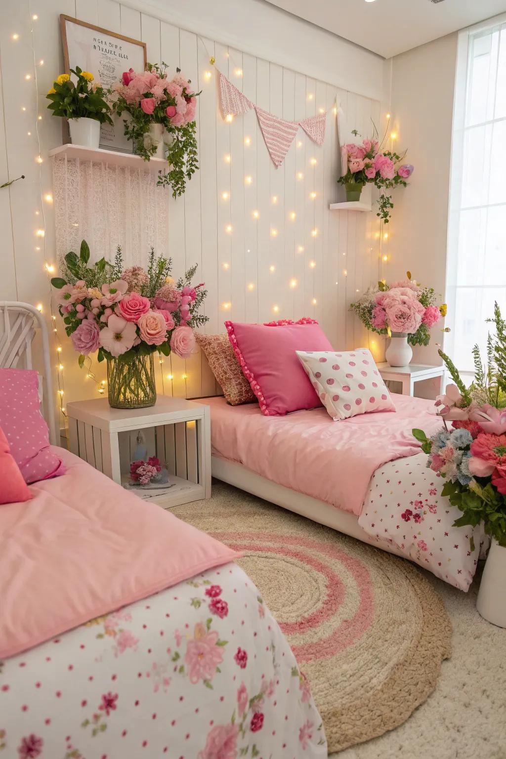 Lively feminine trimmings such as pink soft supports and floral arrangements add a feminine touch to this bedroom.