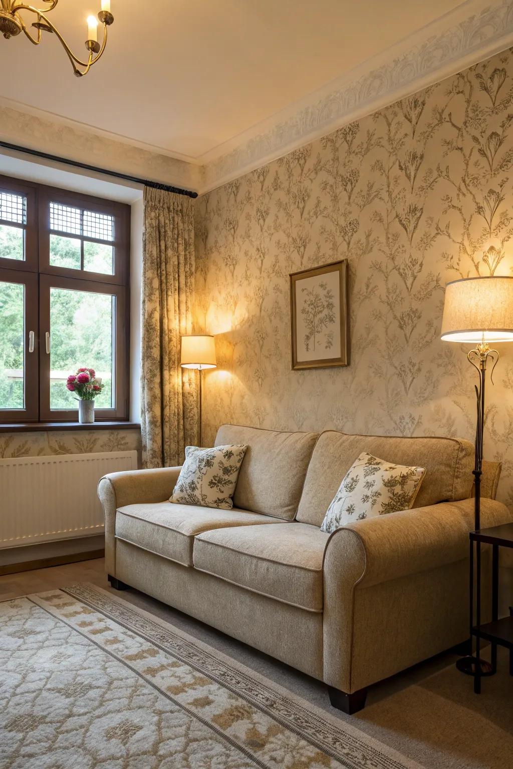 A refined living room features elegant wallpaper that complements a sand-toned sofa.