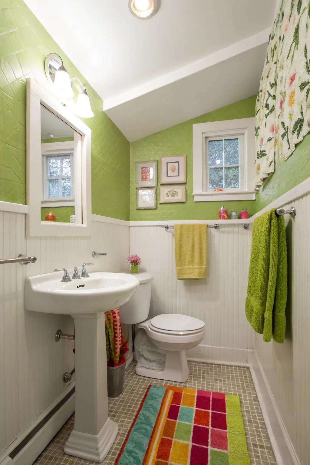 A bright and cheerful powder room featuring charm green walls.