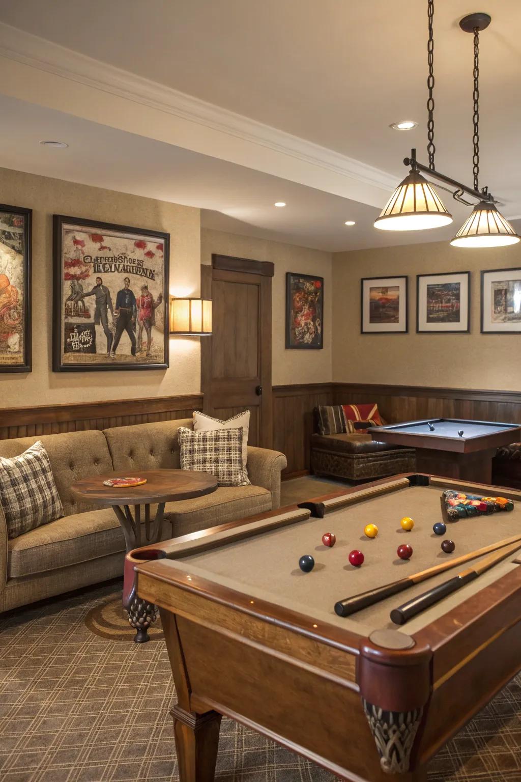 A cozy games corner offers alternative entertainment in a billiards space.