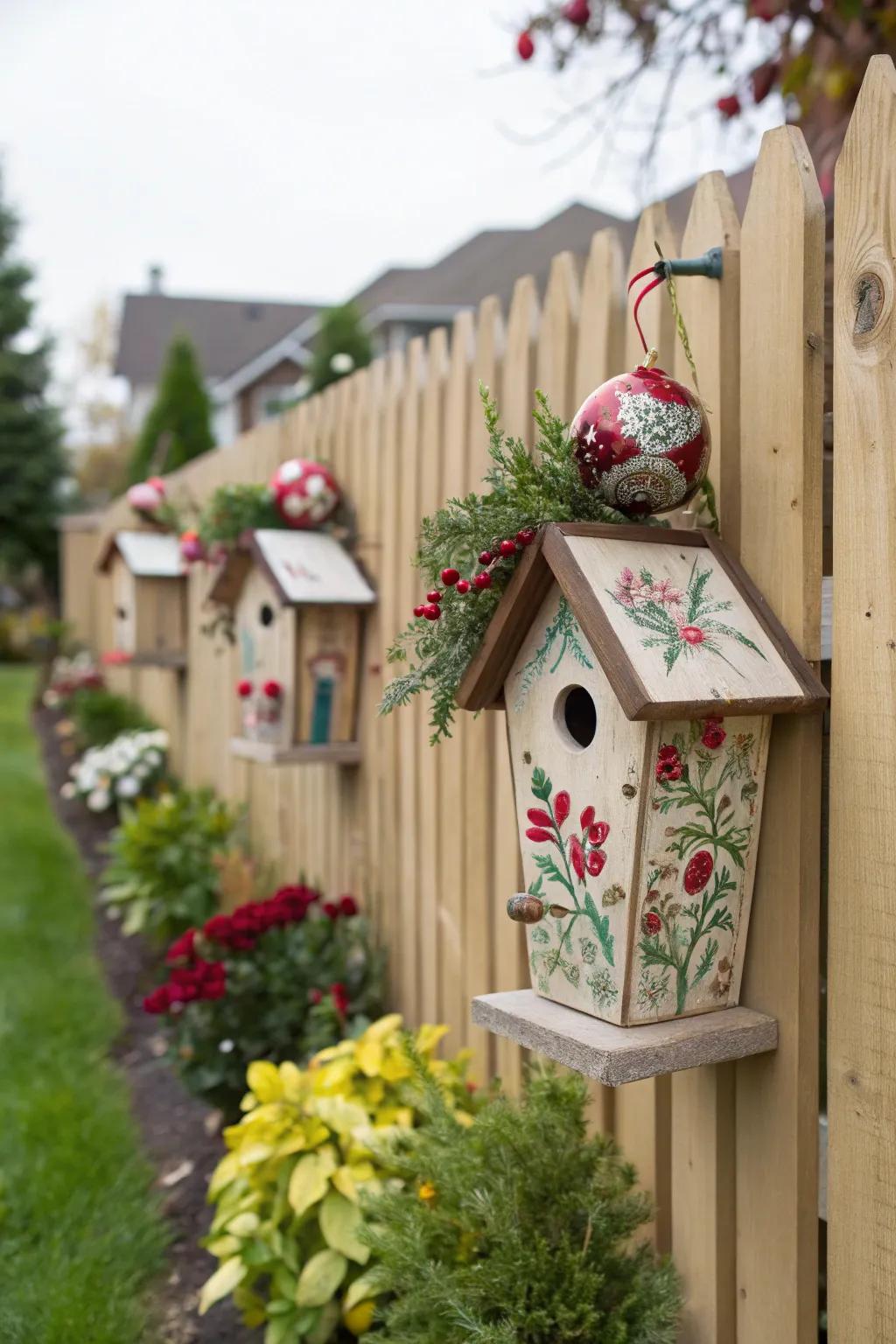 Seasonal bird dwelling aesthetics convey festive charm to the garden fence.