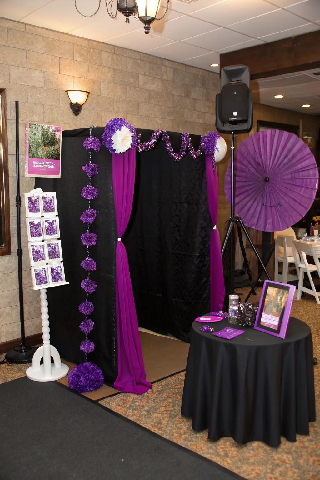 Creative photo booth with lavender props and a midnight backdrop.
