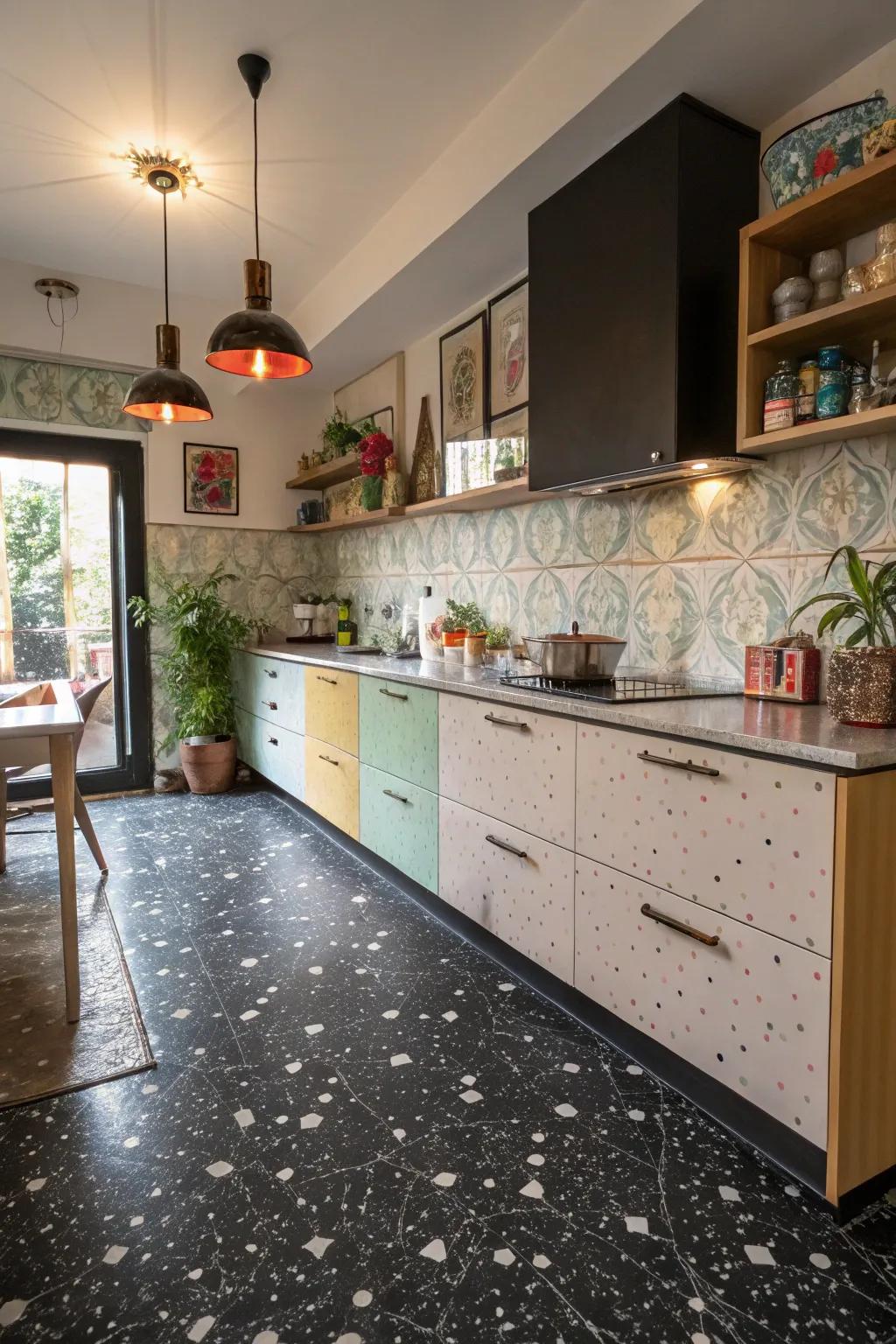 A kitchen with ink terrazzo floor tiles delivering a playful, sophisticated twist.