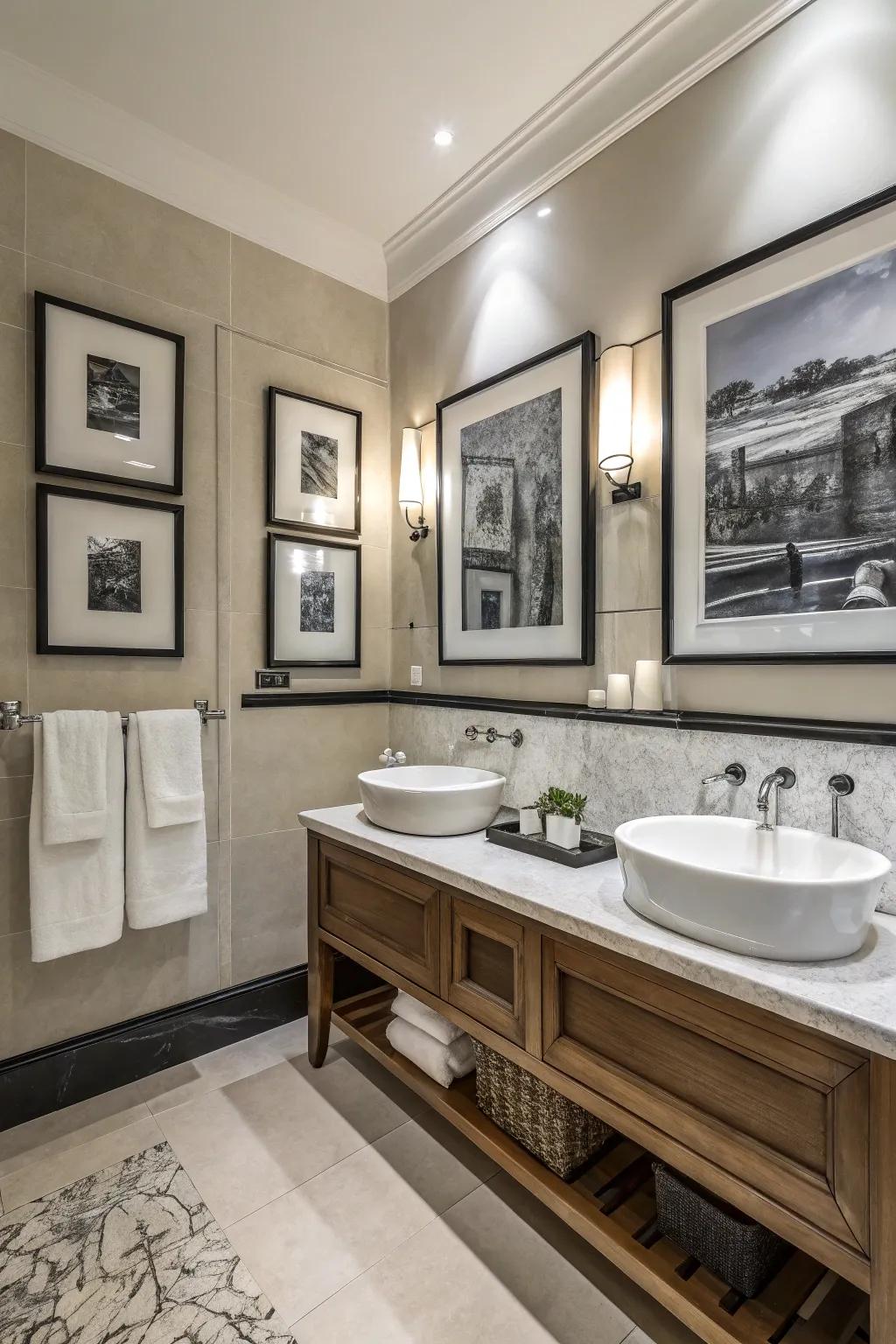 Contrast art adds personality and a focal point to this bathroom.