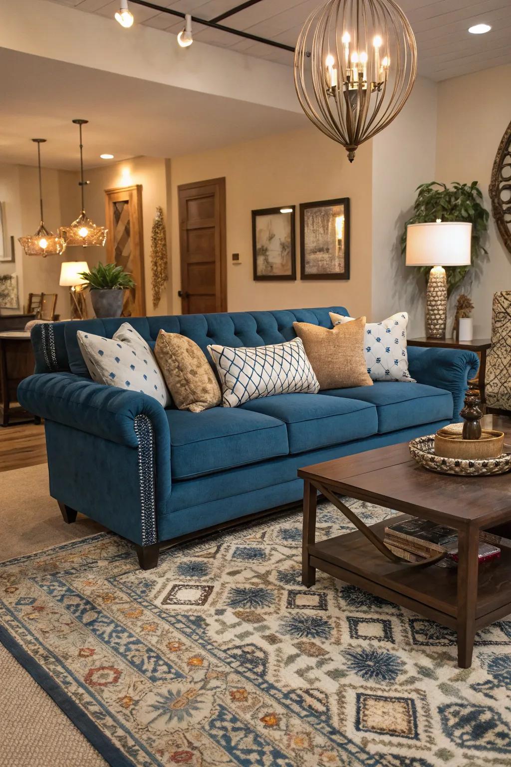 Statement furniture enhances and elevates a blue sofa arrangement.