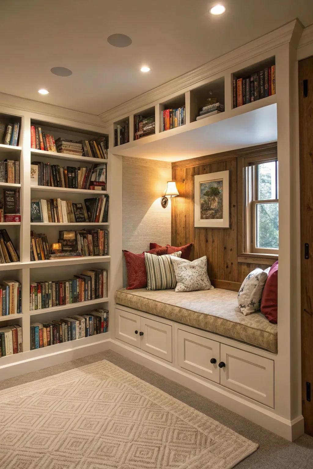 A welcoming reading nook with integrated seating and shelves.