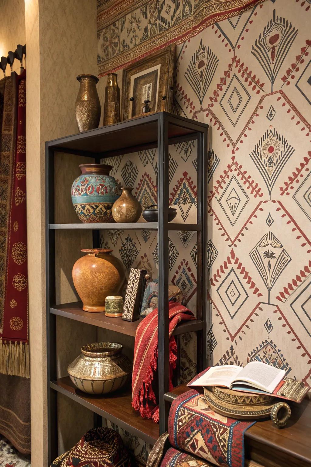 Bookshelf featuring ethnic pattern wallpaper for a rich, cultural flair.