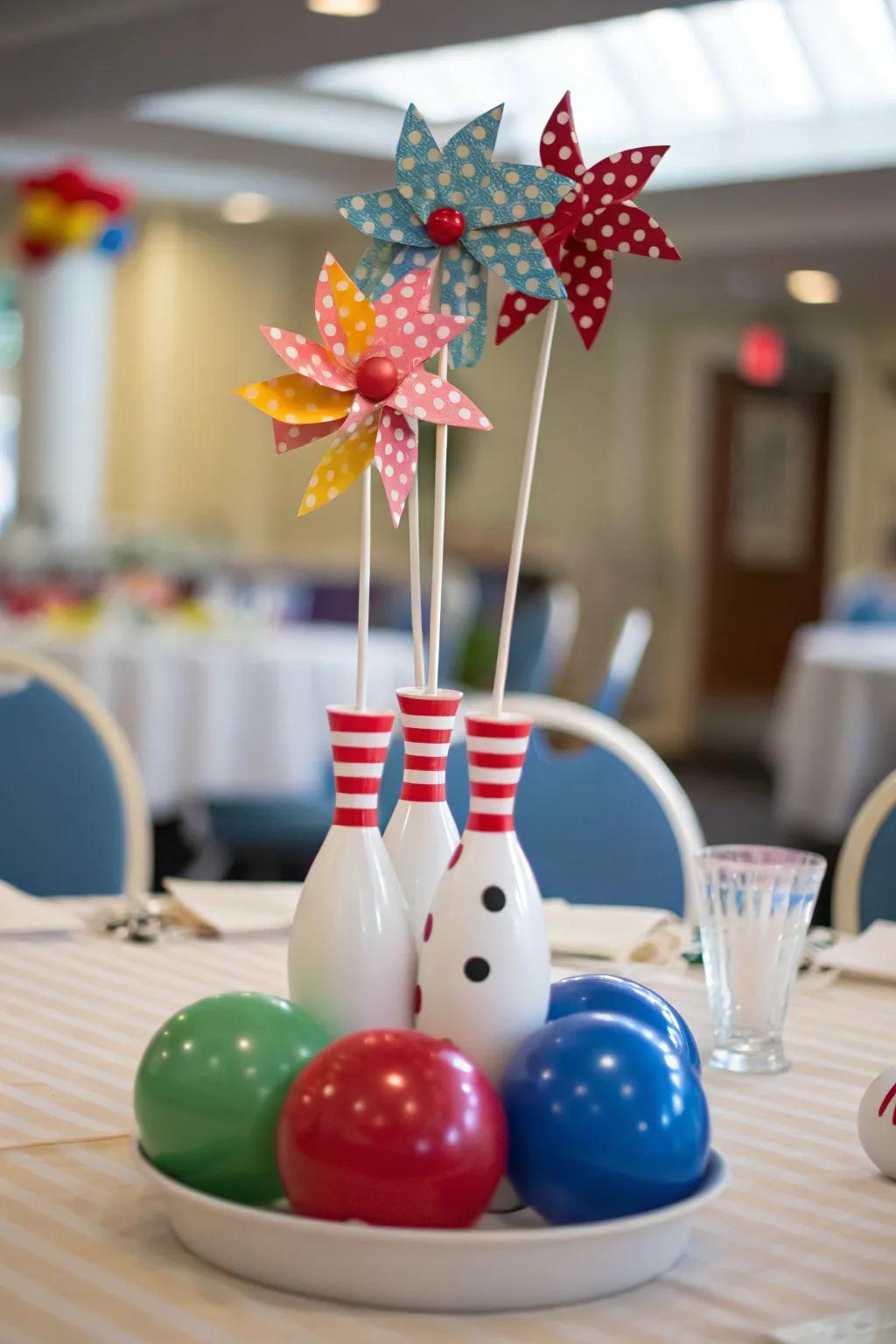 Spirited whirligigs infuse whimsy into your bowling-themed centerpiece.
