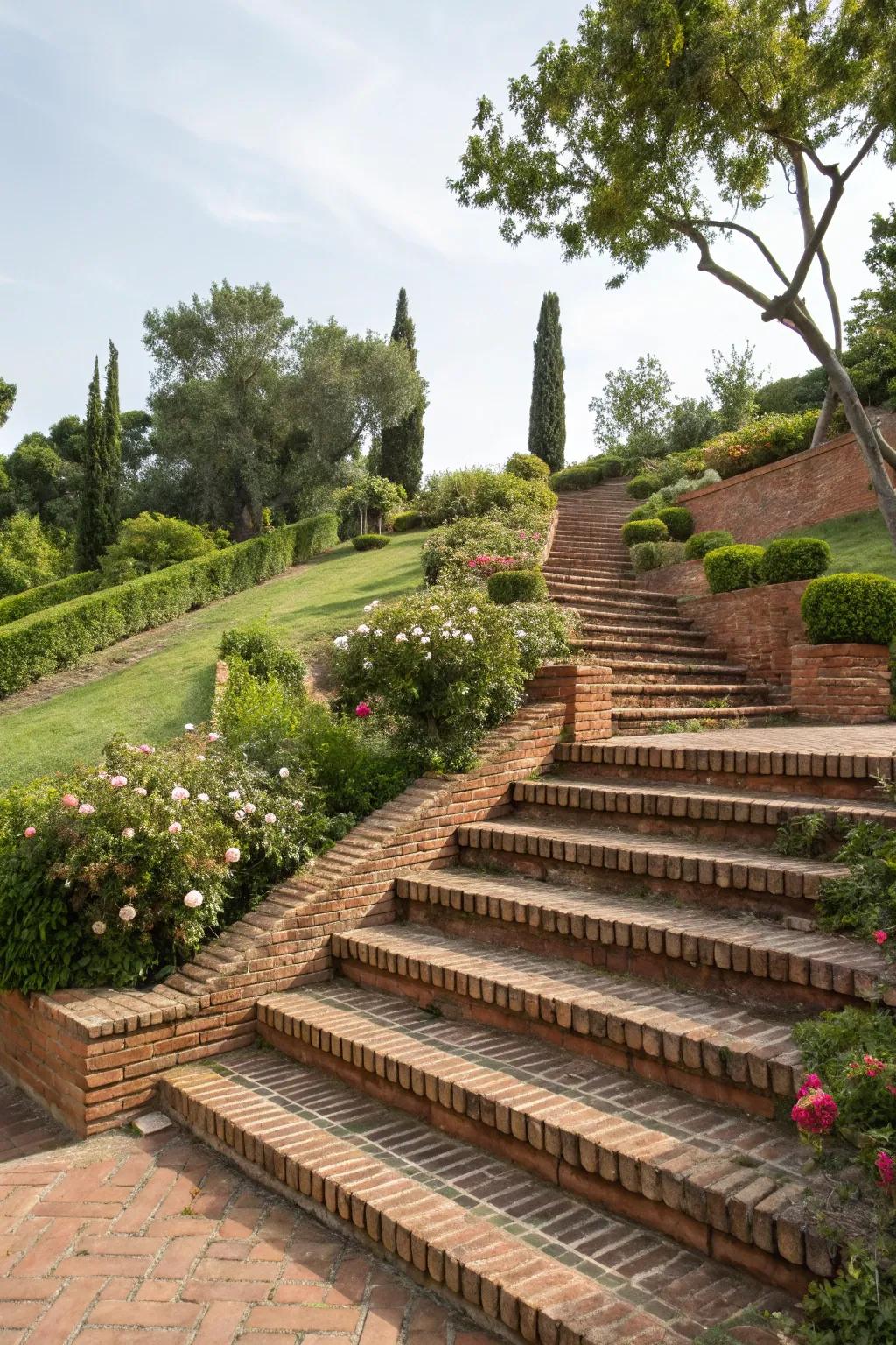 Terraced brick steps appending dimension to a sloped garden.