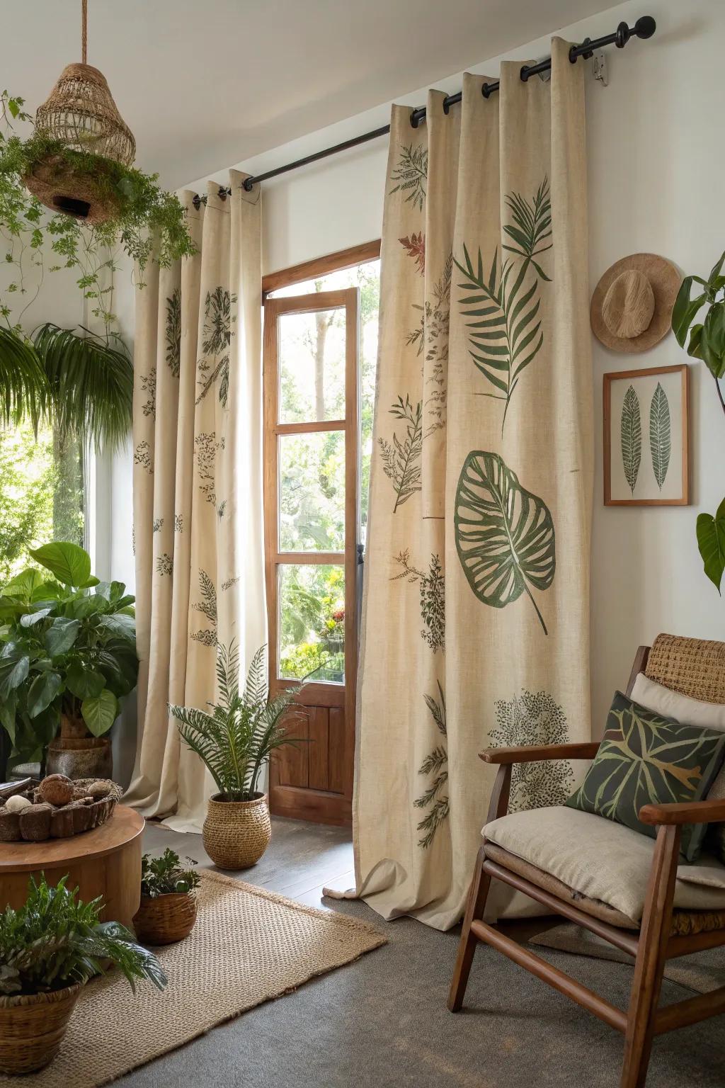 Nature-inspired elegance with plant-print woven fiber drapes.