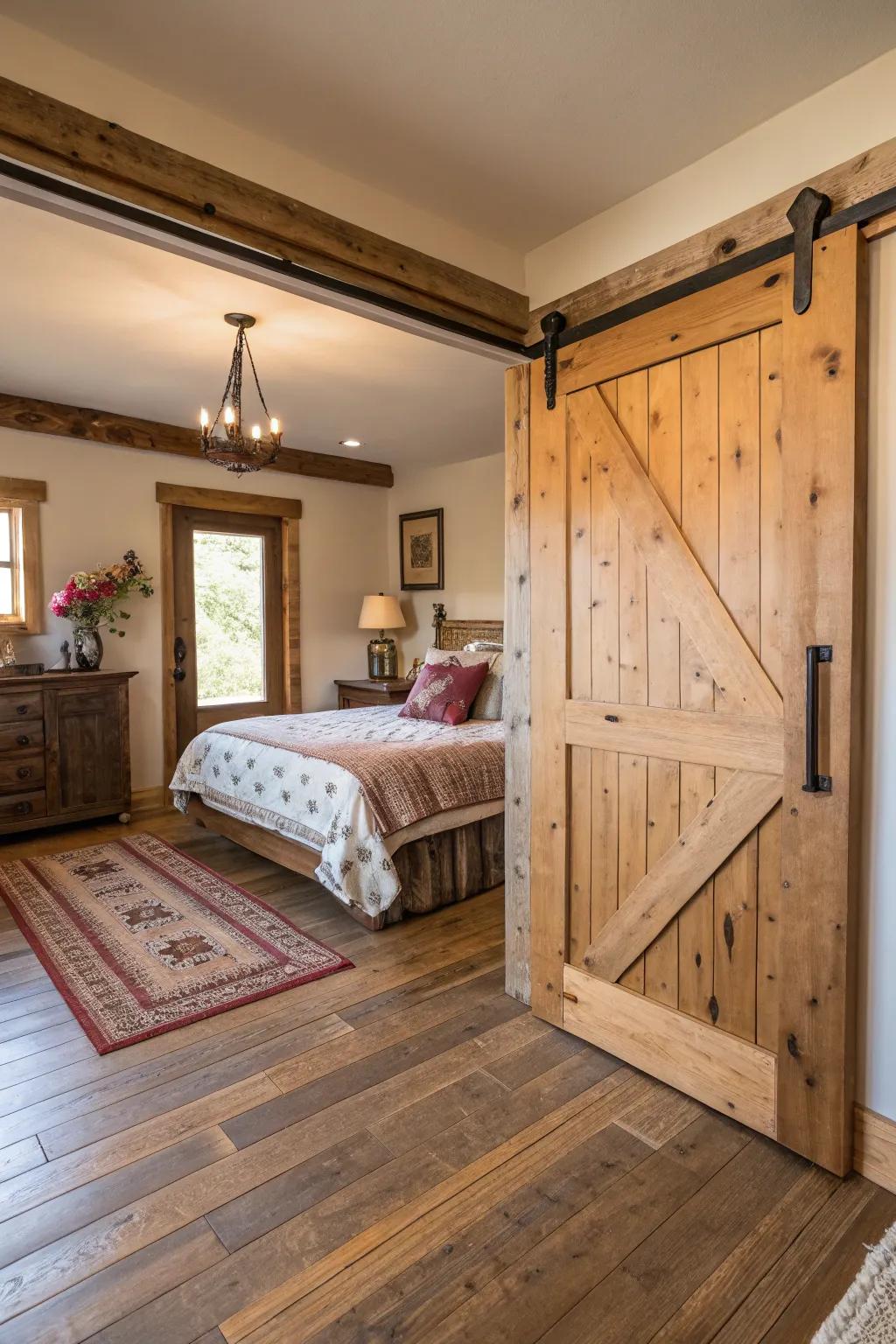 A sliding barn door including rustic style and functionality.
