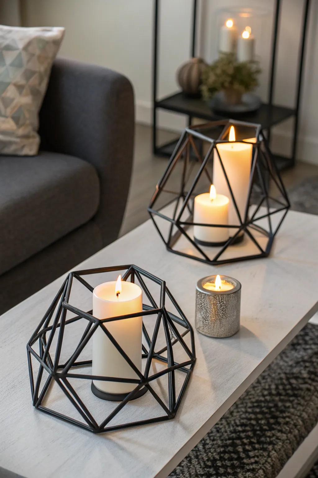 A striking modern assertion with geometric candle sheaths.