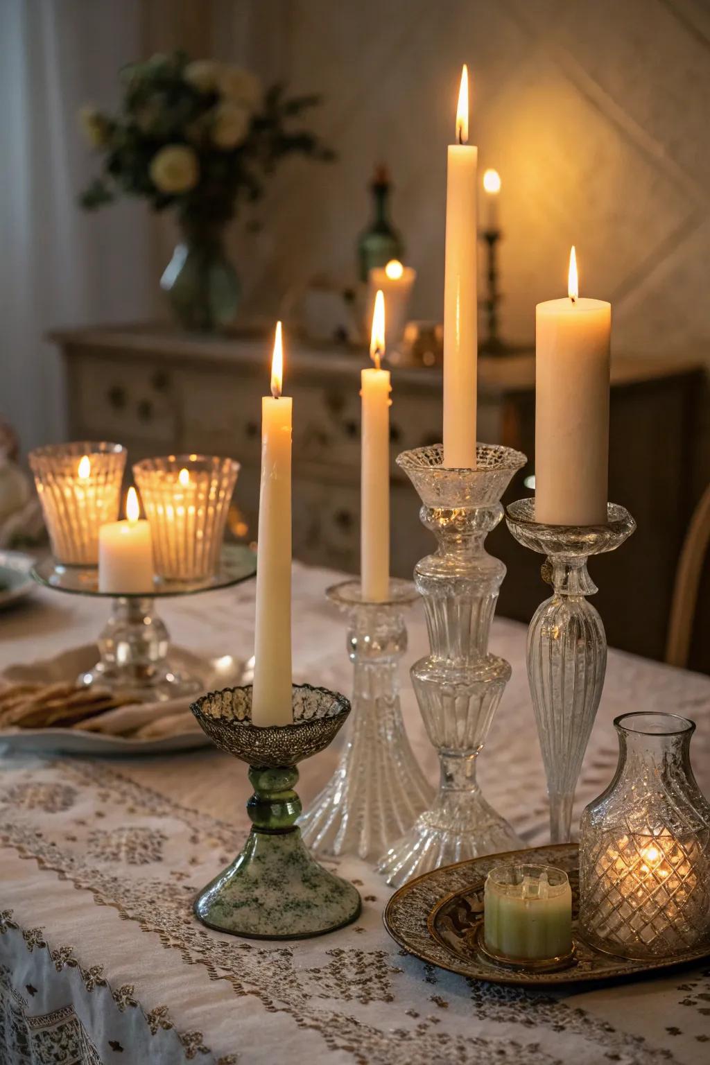 Charming candle group in eclectic antique glassware.