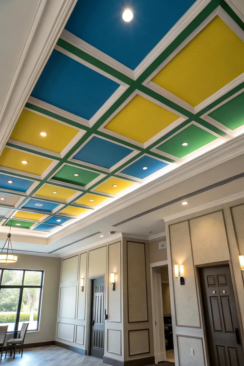 A room with color blocks on the ceiling that add a playful element.