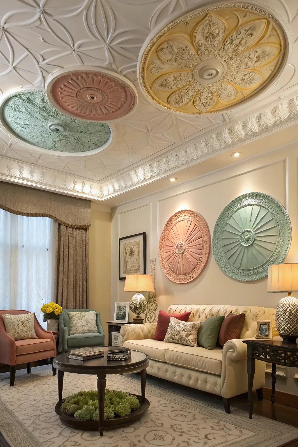 Mixing accent styles creates a unique ceiling statement.