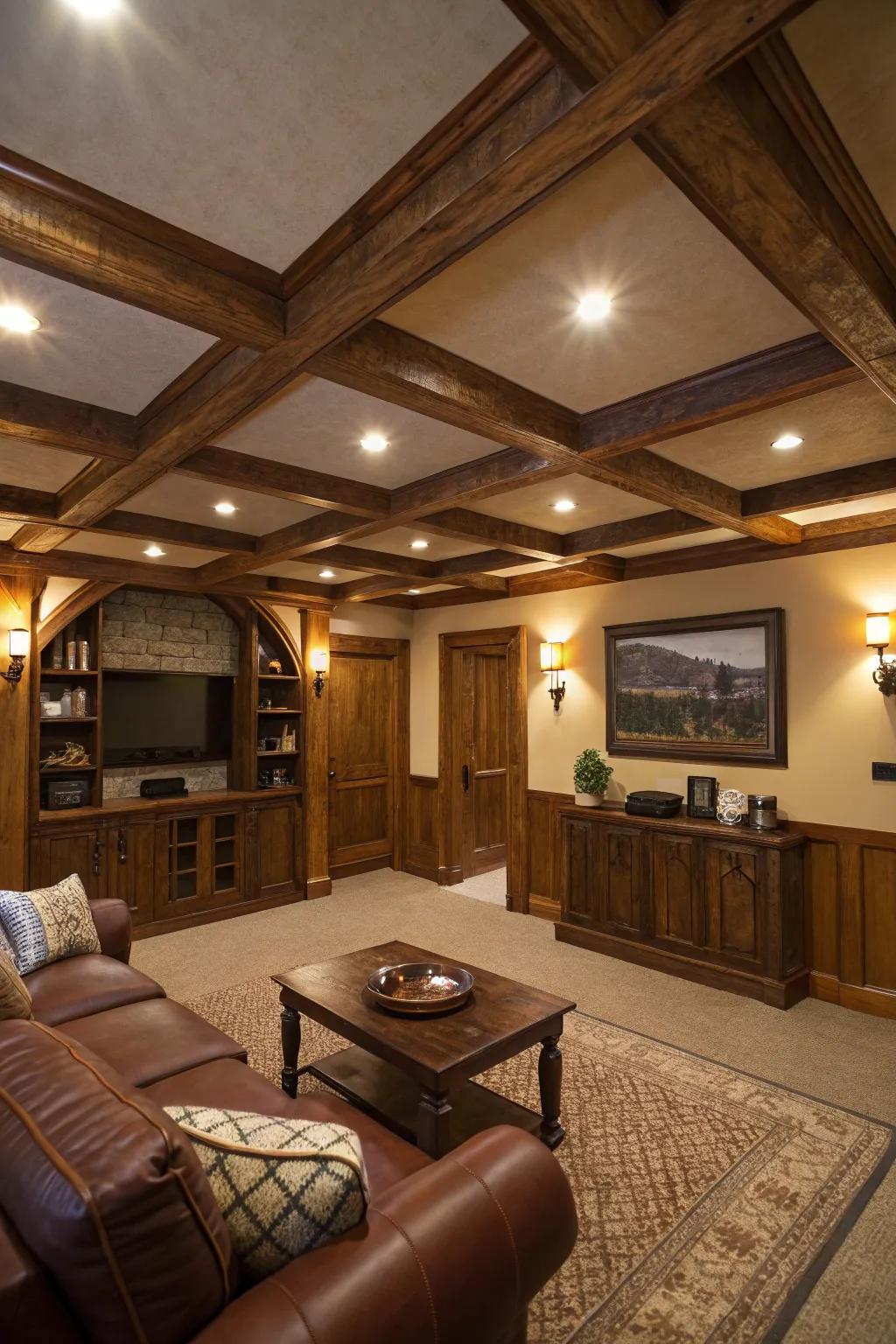Faux beam illusion for rustic elegance.