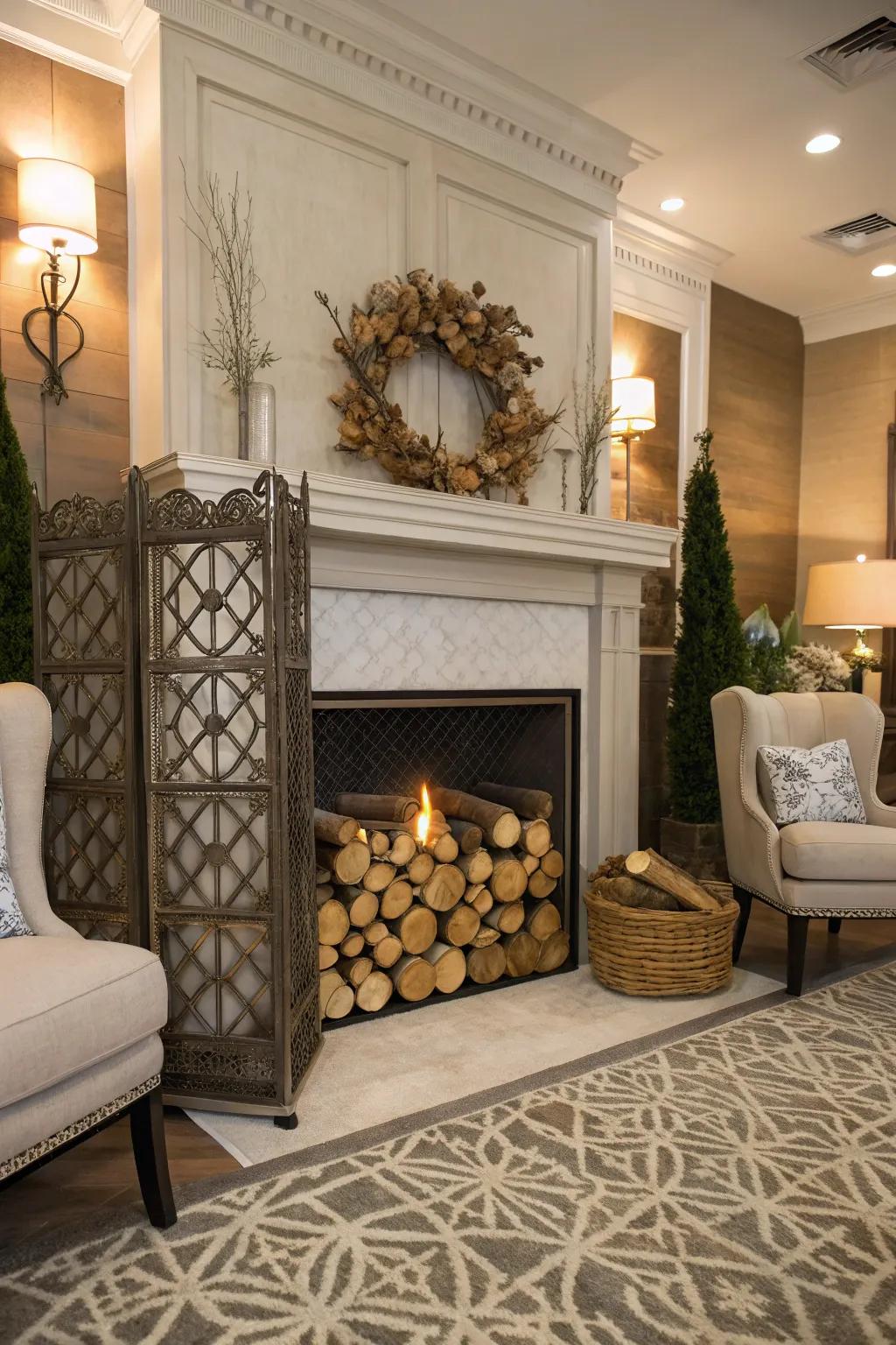 Functional decor placed around the fireplace improves usability and style.