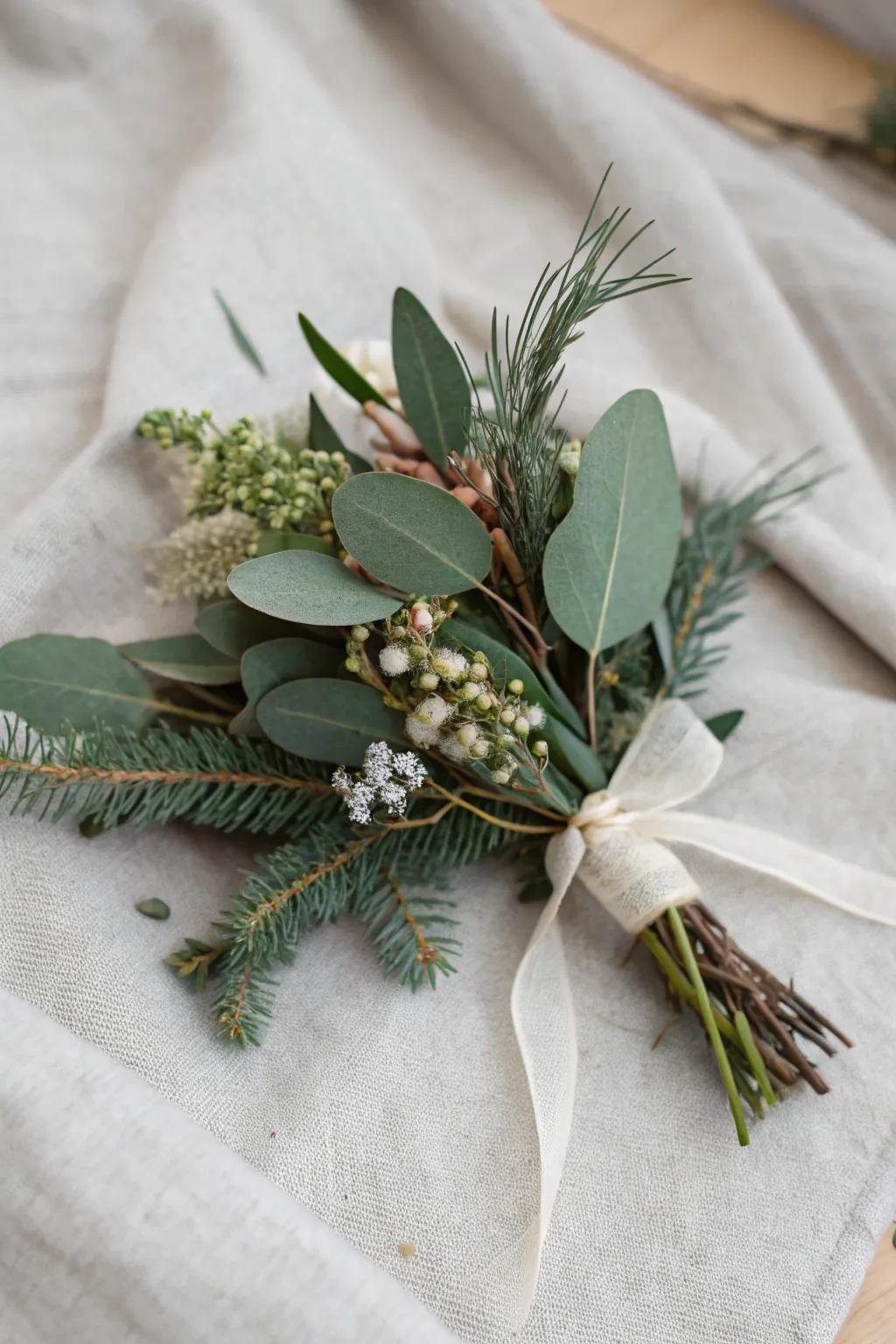 A contemporary Christmas corsage showcasing eucalyptus leaves.