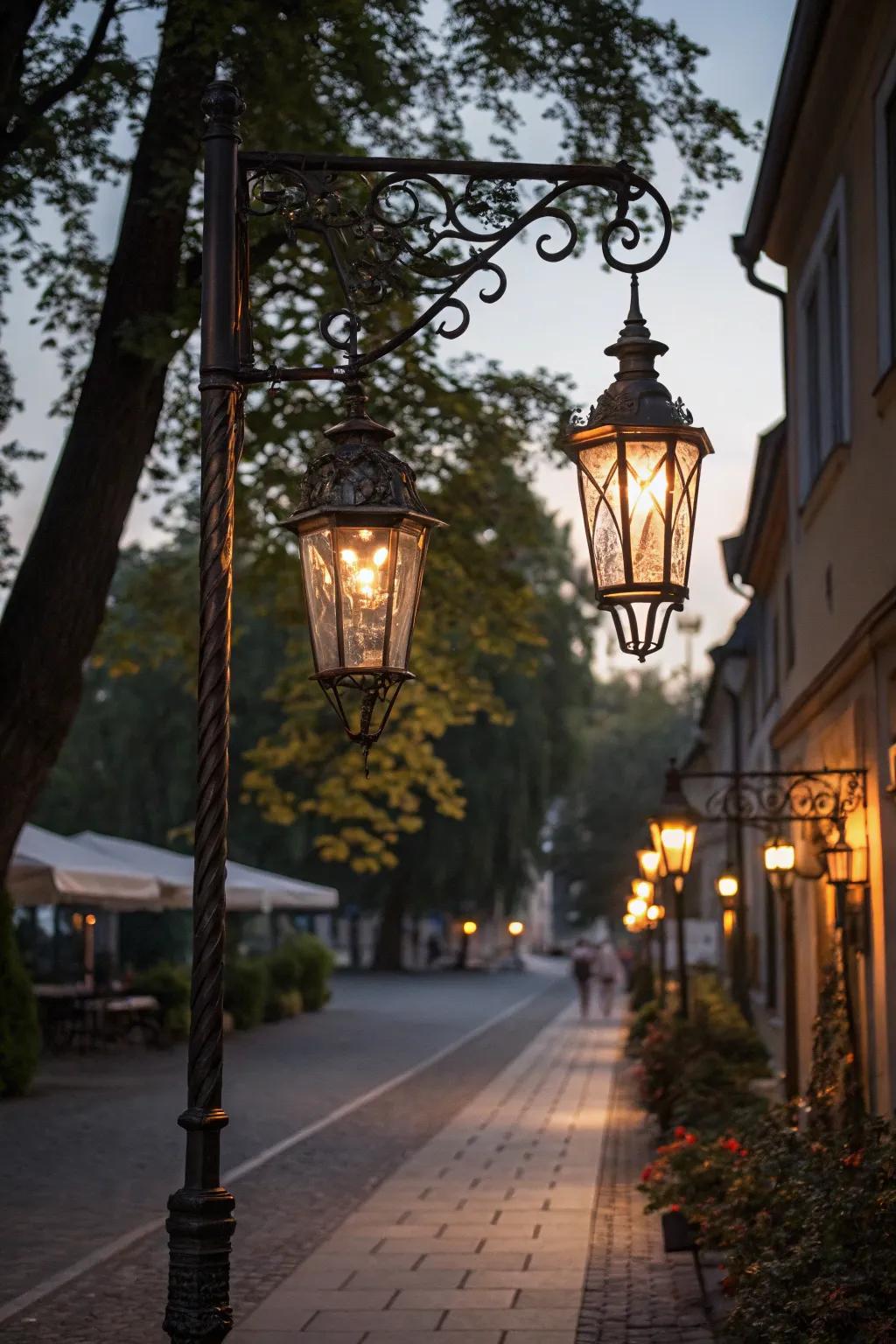 Classic lanterns deliver timeless charm to a festive lamp post.