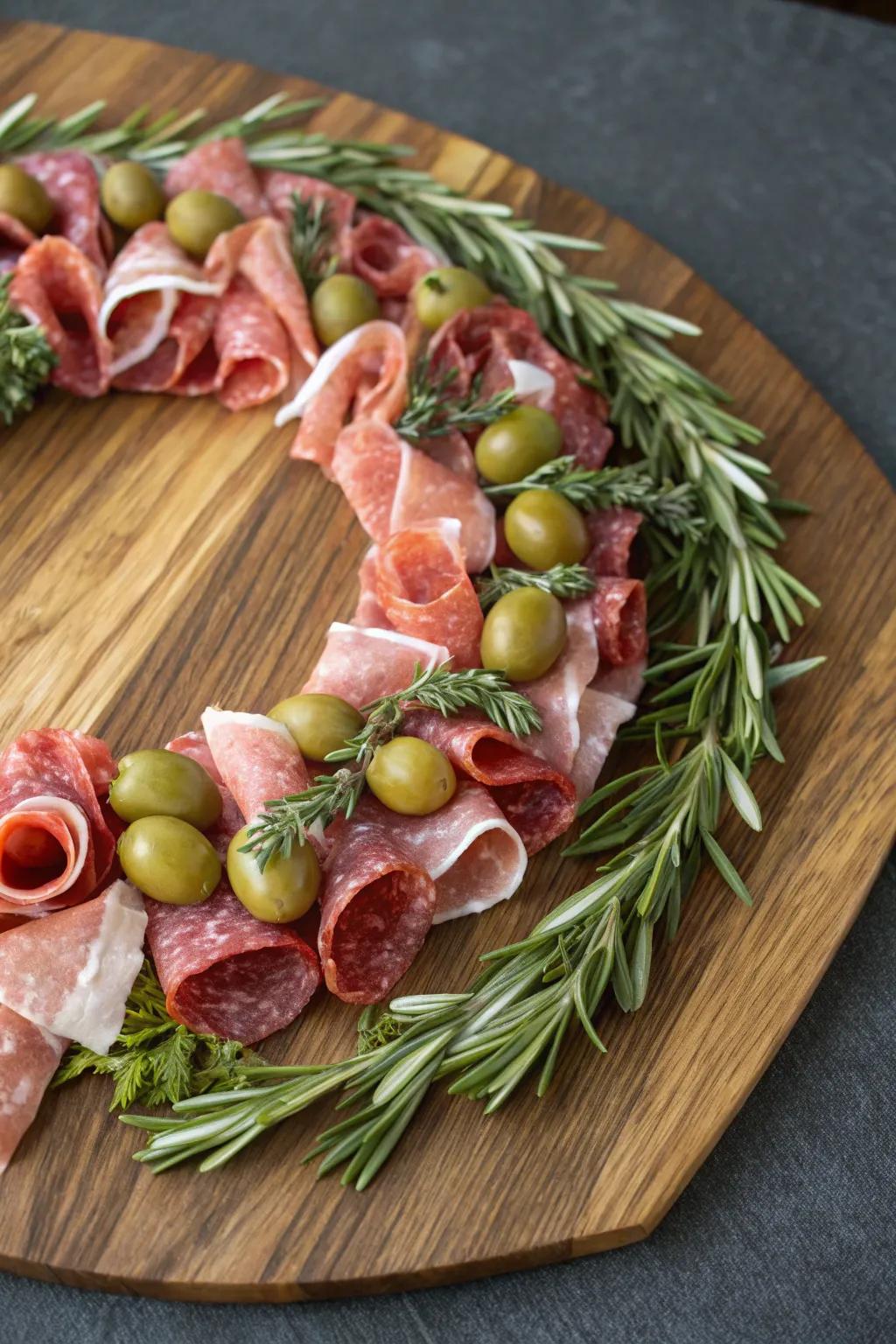 Savory garland of meats showcasing olives and herbs.