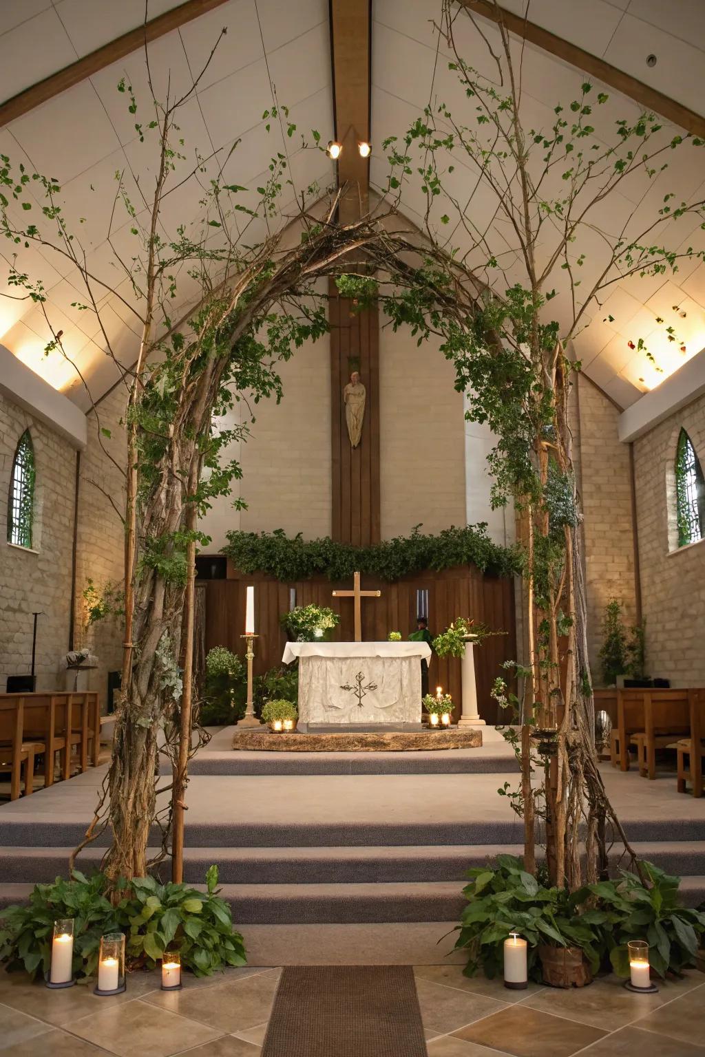 An altar featuring nature-inspired installations, creating a peaceful and natural setting.