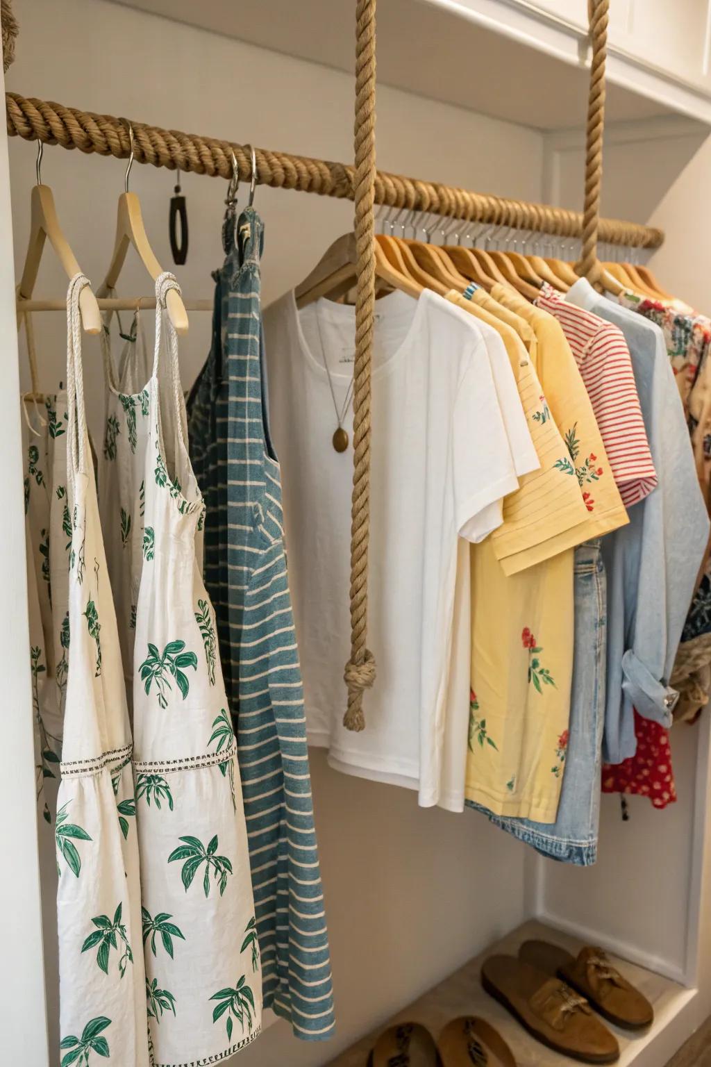 Rope rods bring a rustic, bohemian vibe to closet spaces.
