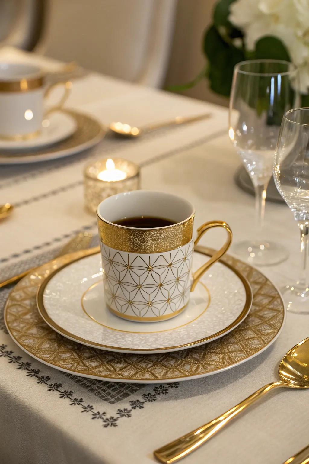 Elevate your coffee experience with cups featuring luxurious metallic highlights.