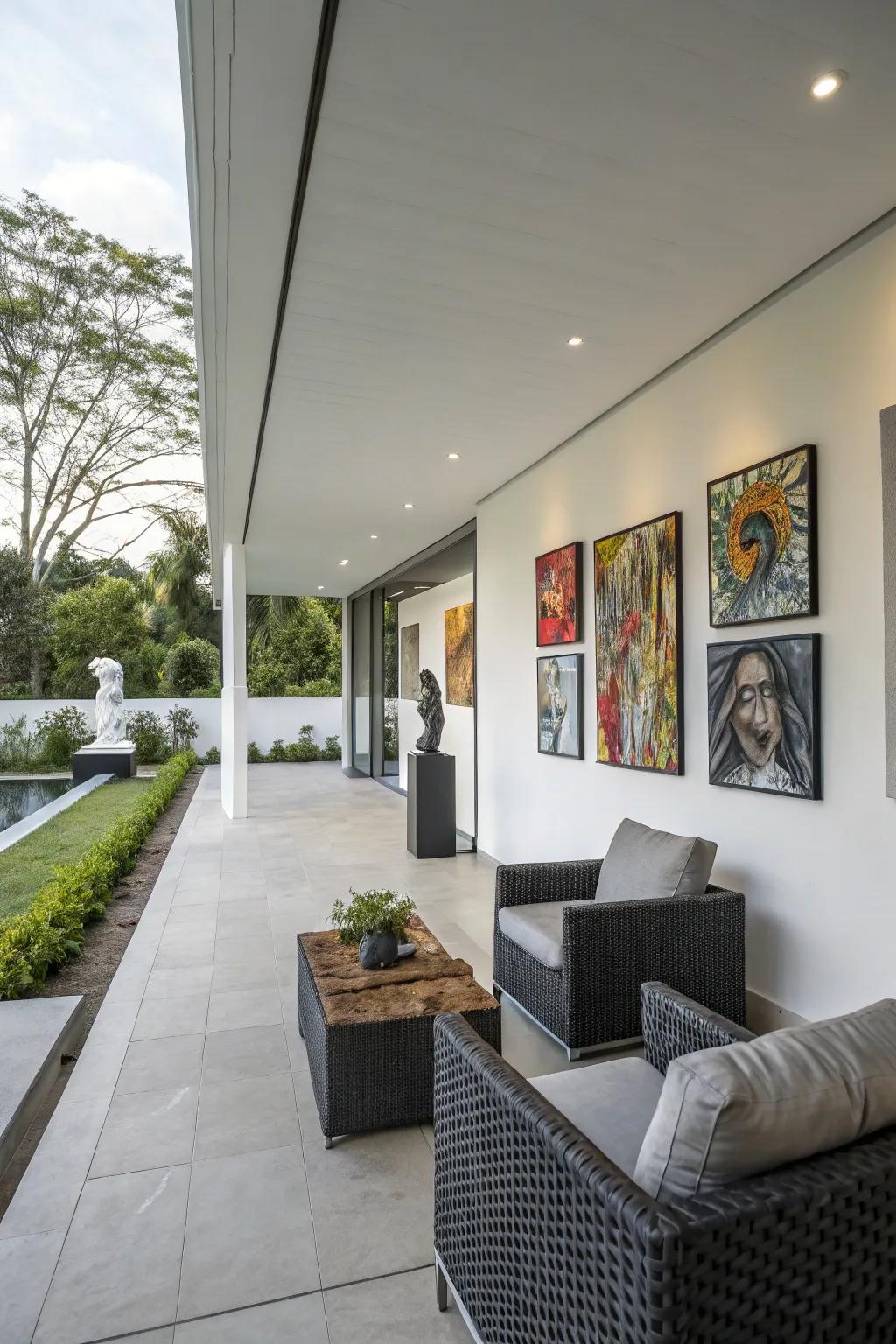 Contemporary art pieces adding a cultural element to a patio.