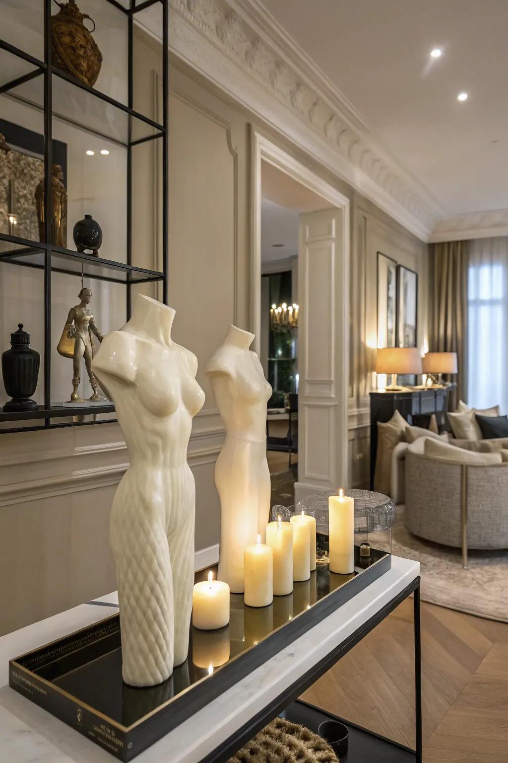 Sculptural body candles present a modern artistic touch.