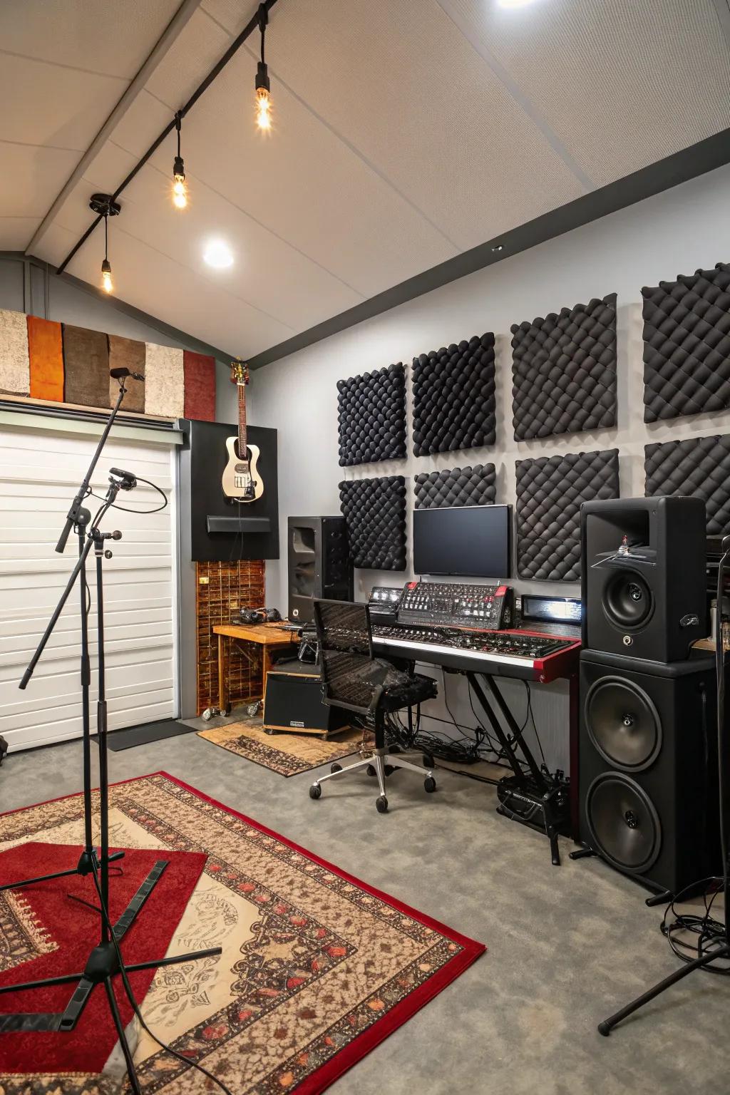 A soundproof music studio setup within a garage.