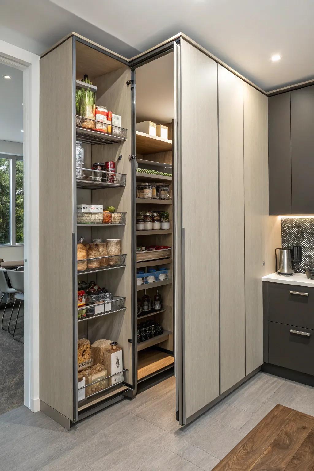 Doors that slide on a corner pantry to give it a modern look.
