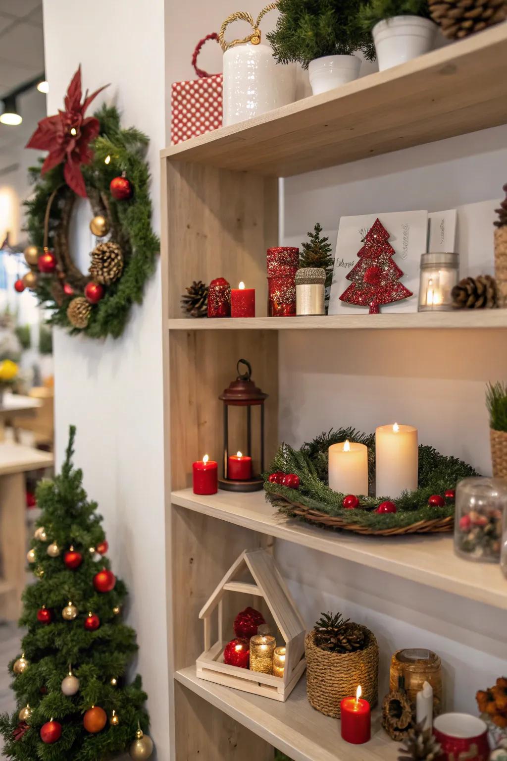 Corner shelves with seasonal decor items.