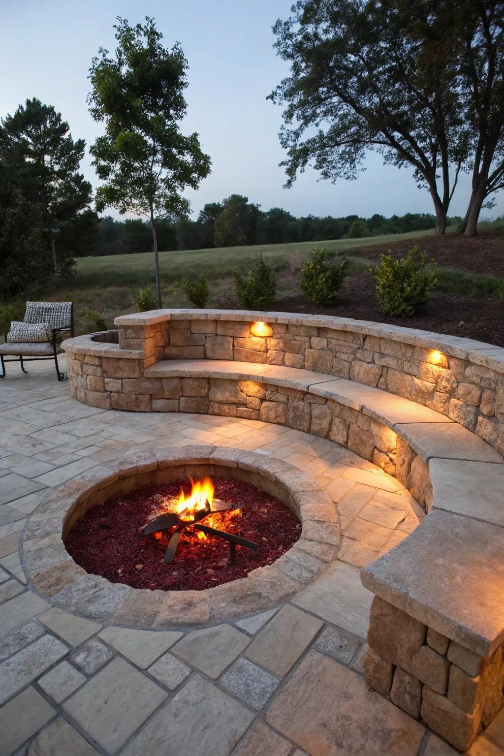 A subterranean fire pit furnishes a safe and intimate area for gatherings.
