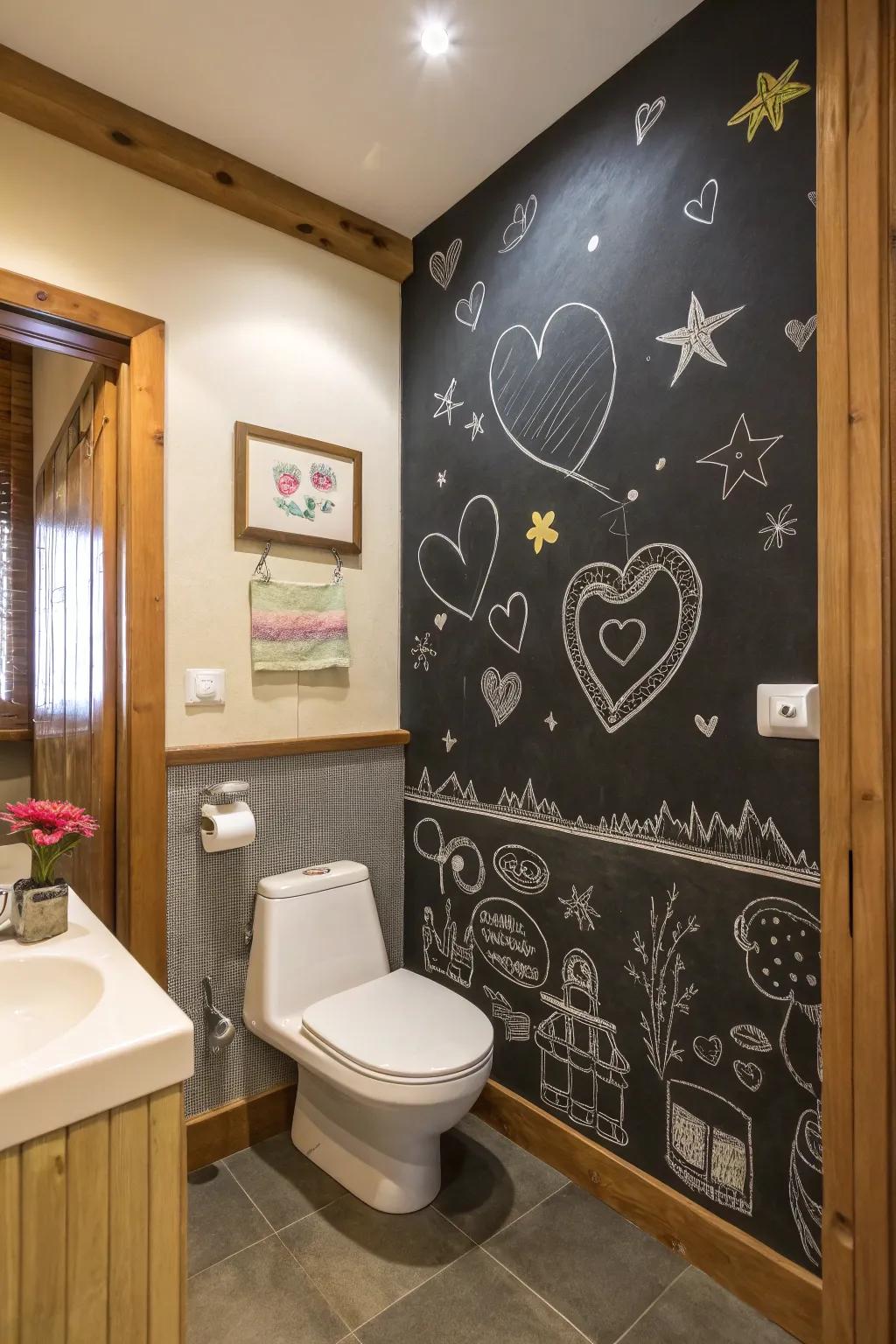 A creative bathroom that incorporates a chalkboard wall for personal expression.